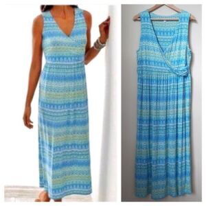 J Jill Maxi Dress Size Small Blue Green Stretch Wrap V Neck Sleeveless Tank